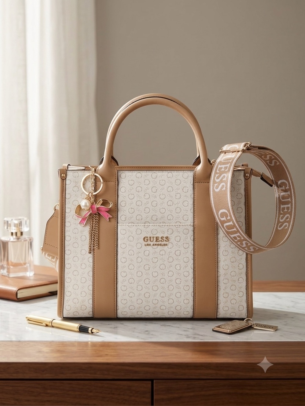 GUESS Beige Logo Satchel with Contrast Trim and Branded Strap